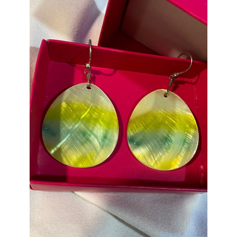 Yellow/White/aqua Teardrop Shell Earrings With Silver Hooks - Lightweight & Styl